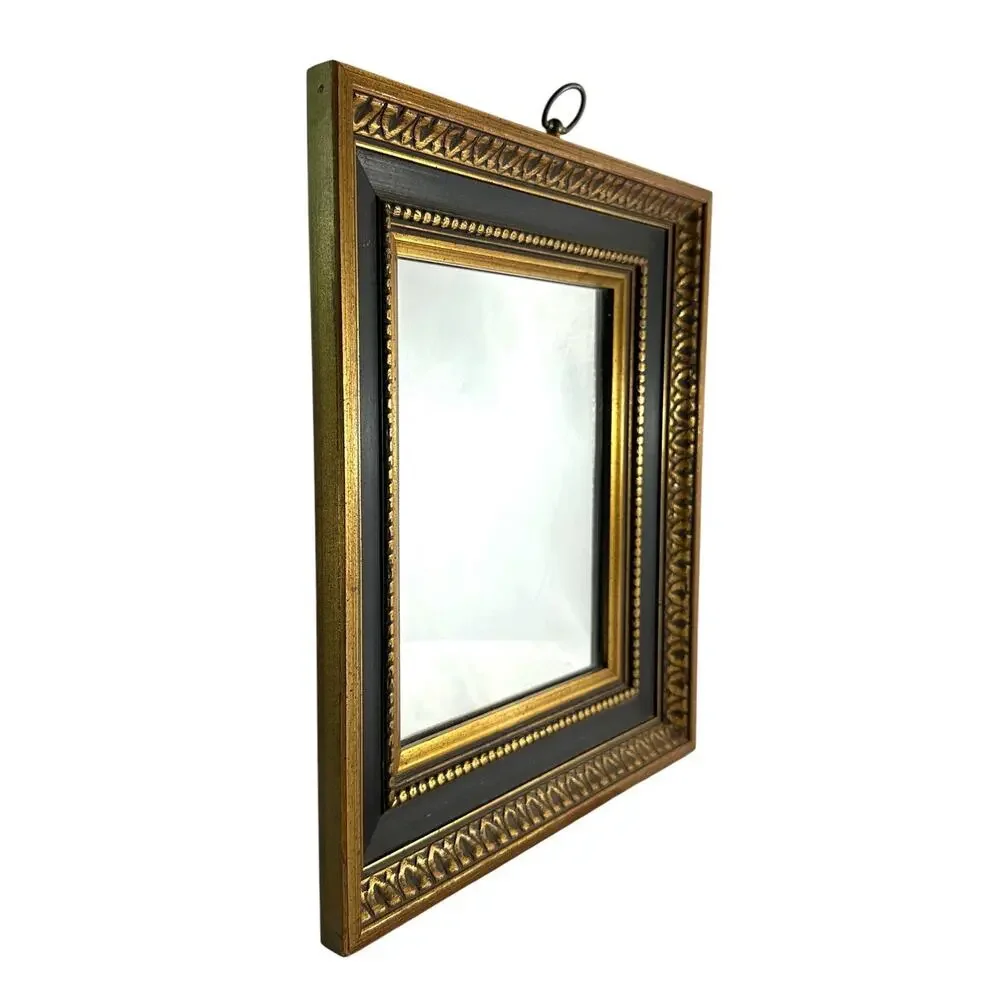 Vintage Black Gold Ornate Wall Mirror Hollywood Regency 12.5x14.5 Ring Top